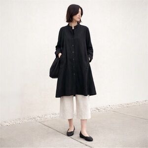 Mordenmiss Linen Blend Longline Jacket Minimalist Button Front Pockets M/L Black